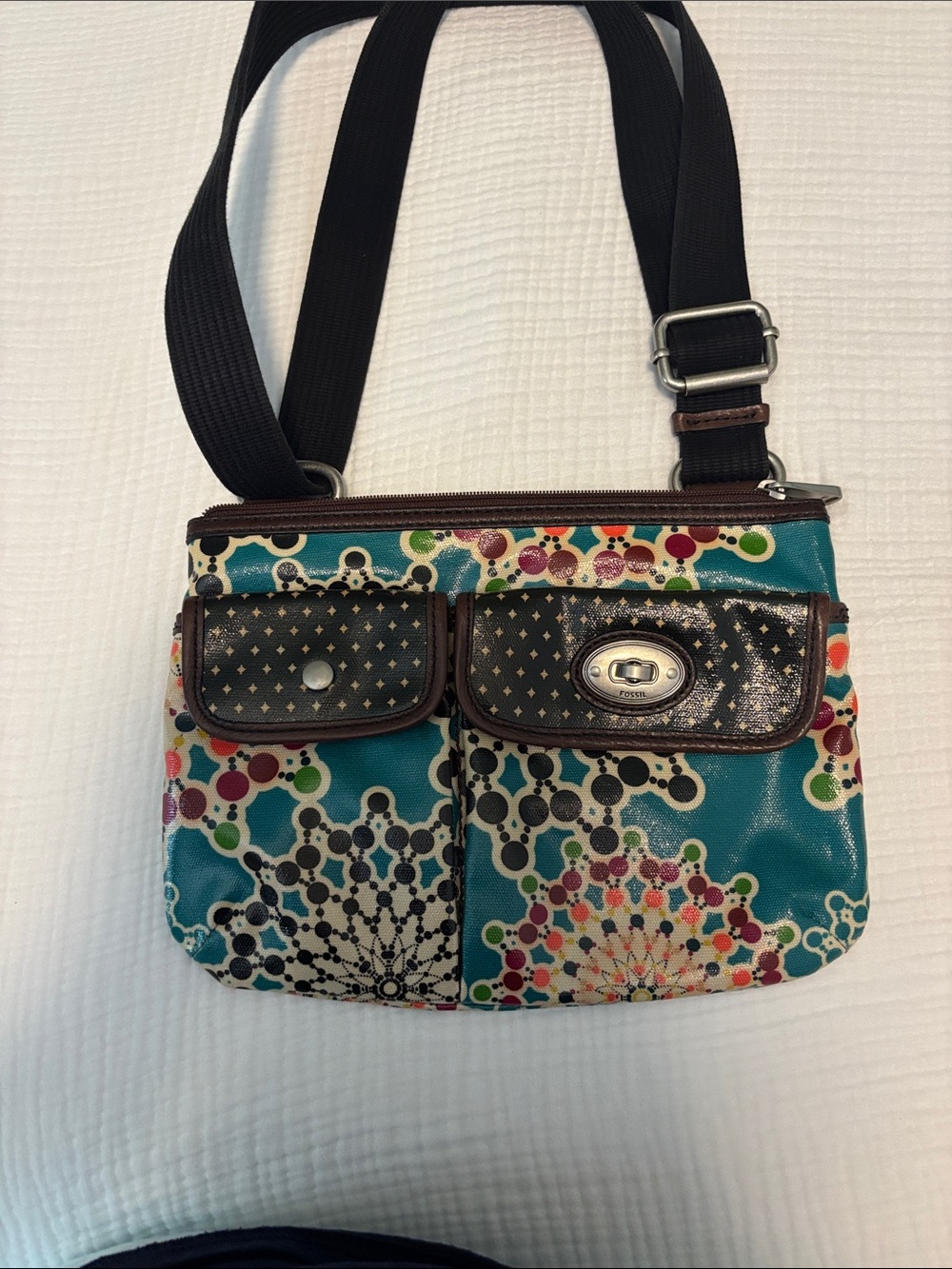 Teal Multicolor Pattern Crossbody Shoulder Bag by Fossill